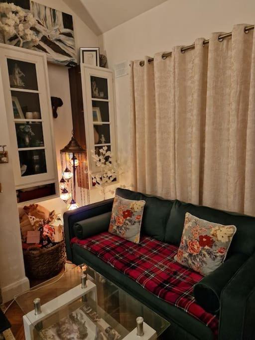 a living room with a green couch with pillows at Trinity Cottage 2 bed with mezzanine in Dublin