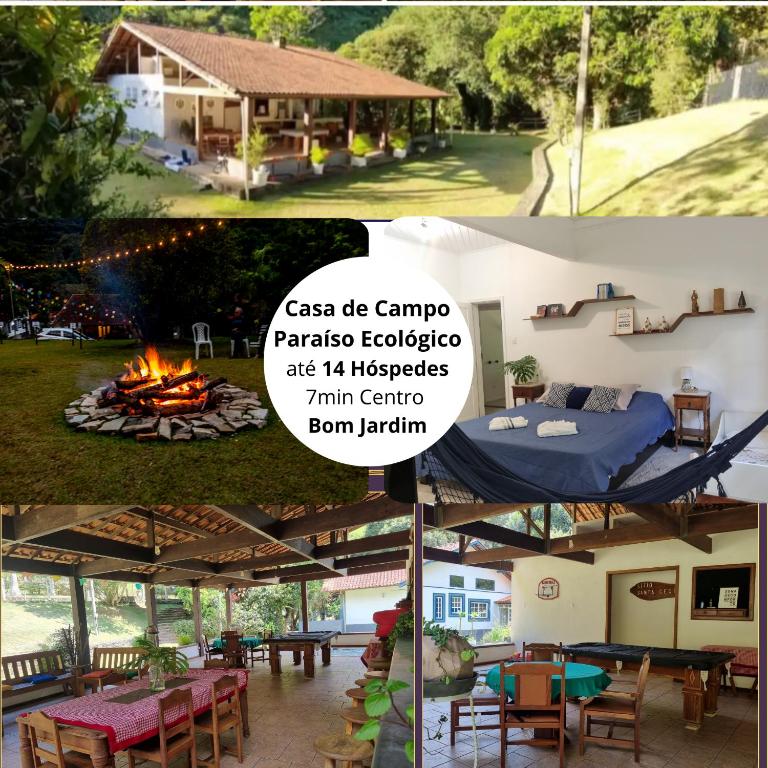a collage of pictures of a house with a fire pit at Casa na Serra para 14 Pessoas com Piscina e Churrasqueira - Da Francesa in Bom Jardim