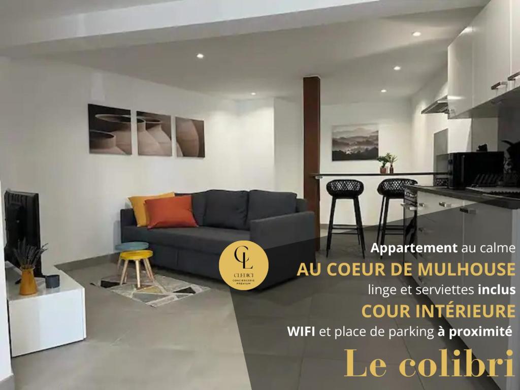 a living room with a couch and a kitchen at Le Colibri-Park. gratuit- Prox.Musée automobile in Mulhouse