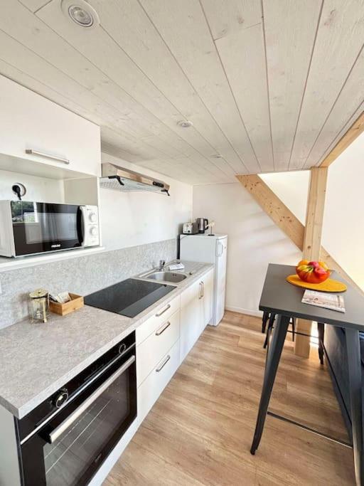 une cuisine avec un évier et un plan de travail dans l'établissement Le Moulin, appartement rénové au coeur d'Arago, à Les Sables-dʼOlonne