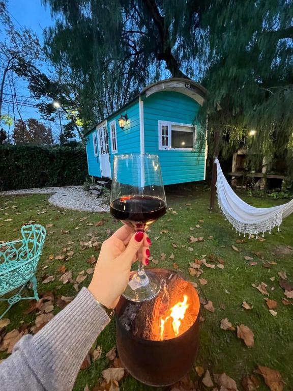 une personne tenant un verre de vin à côté d'un feu de camp dans l'établissement Las Cabañas de City Bell - El Sauce, à City Bell