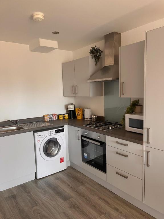 a kitchen with a washing machine and a washer at Belfast View Apartment in Belfast