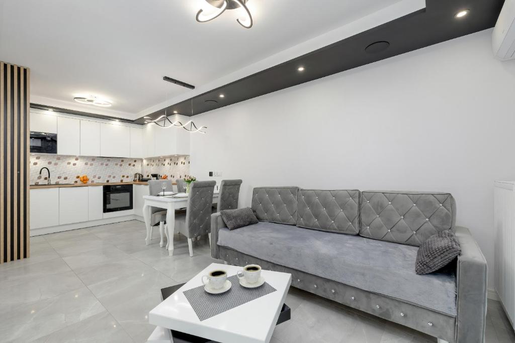 a living room with a couch and a table at Modern Apartment With Private Garden Międzywodzie by Renters Prestige in Międzywodzie
