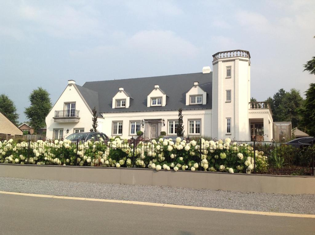 ein weißes Haus mit weißen Blumen davor in der Unterkunft Villa Reynaert in Opoeteren