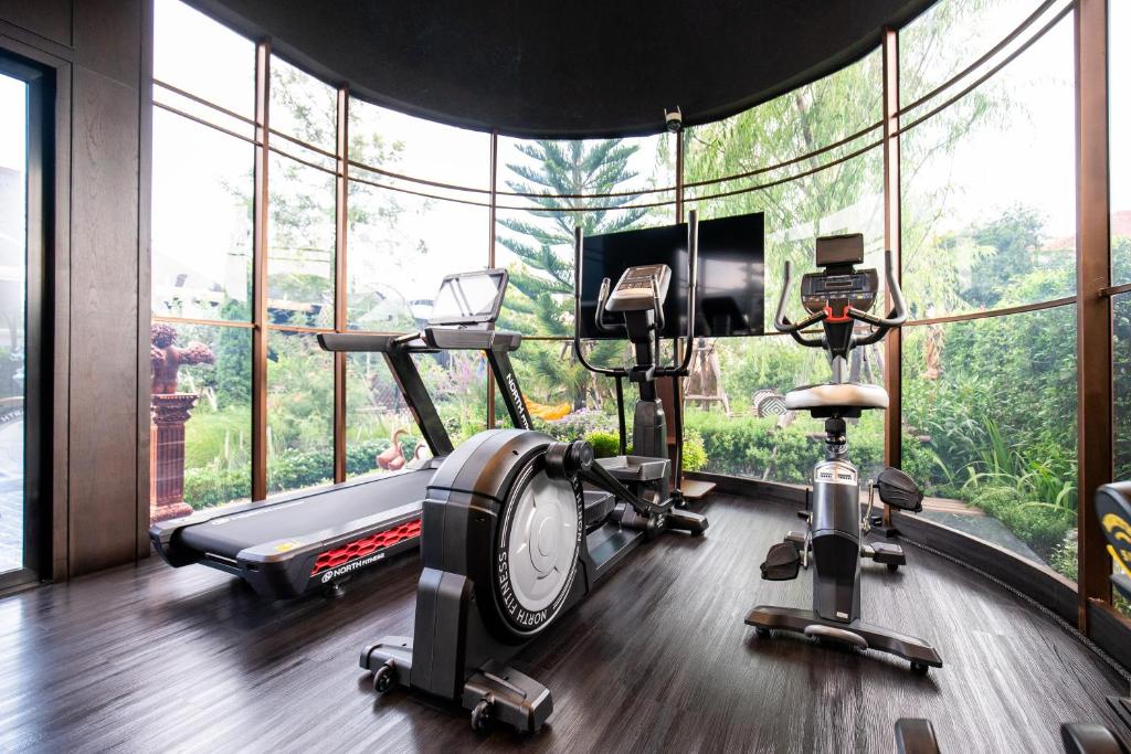 A bright cardio room overlooking landscaped grounds.
