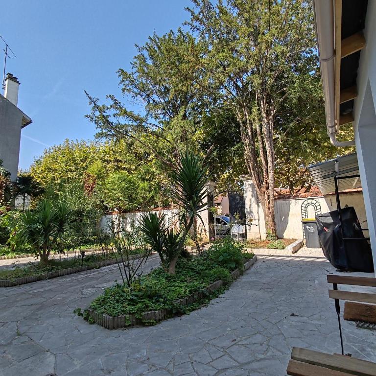 une allée avec des plantes et des arbres dans une cour dans l'établissement Jardin Briand, à Champigny-sur-Marne