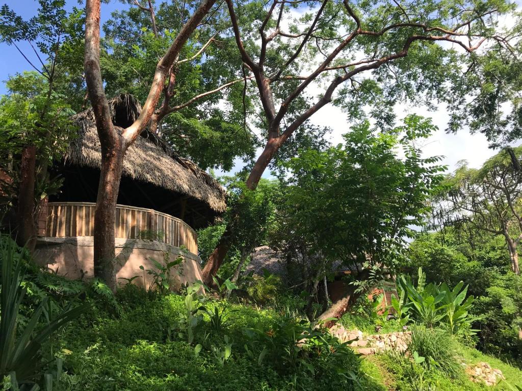 a house with a thatched roof in the forest at Haliksai - Bungalows, Glamping and Retreatcenter in Las Lomas