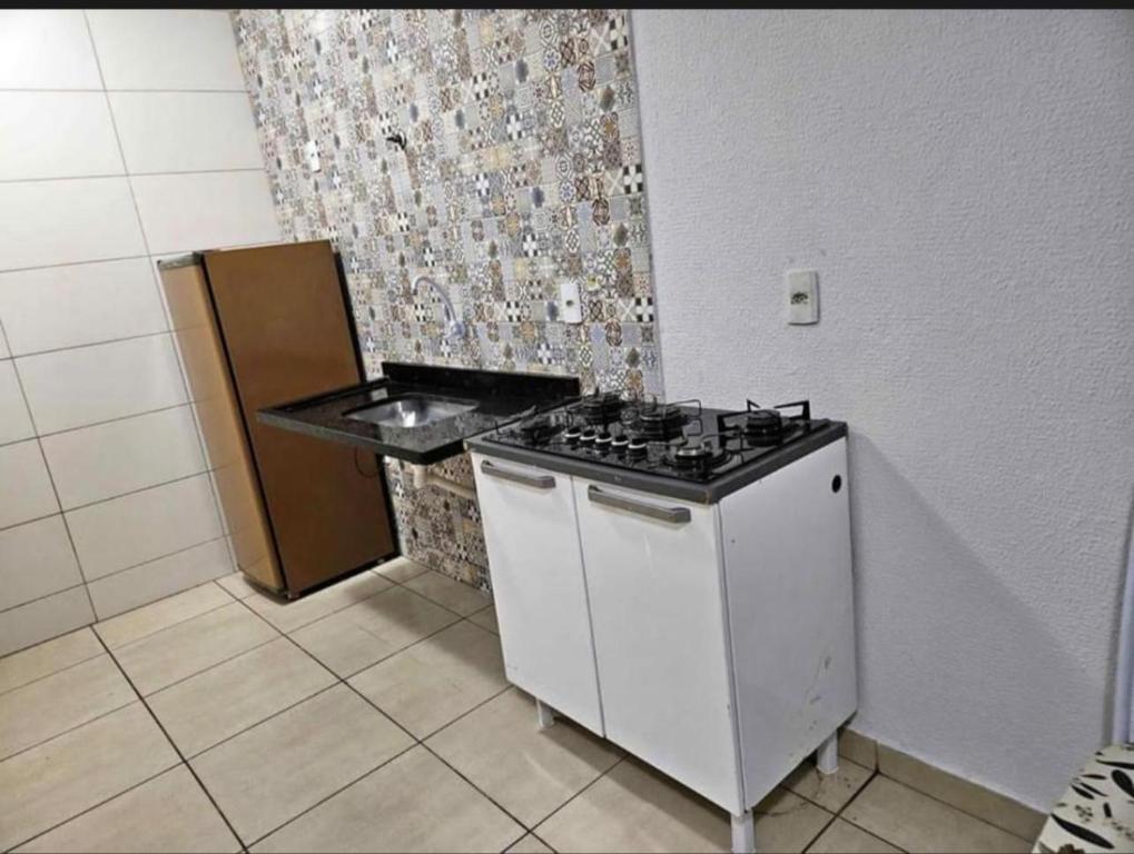 Una pequeña cocina con estufa y fregadero. en casa de temporada, en Goiânia