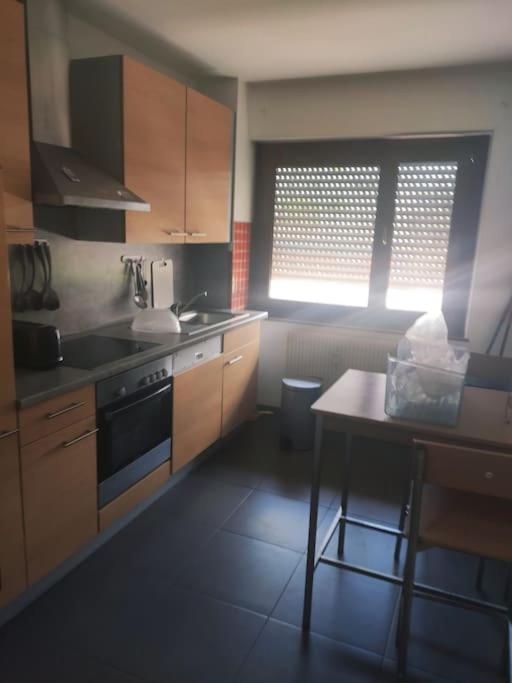 une cuisine avec une table et une cuisinière four supérieur dans l'établissement F2 collé Bale Basel poste frontiere et tramway Novartis, à Saint-Louis