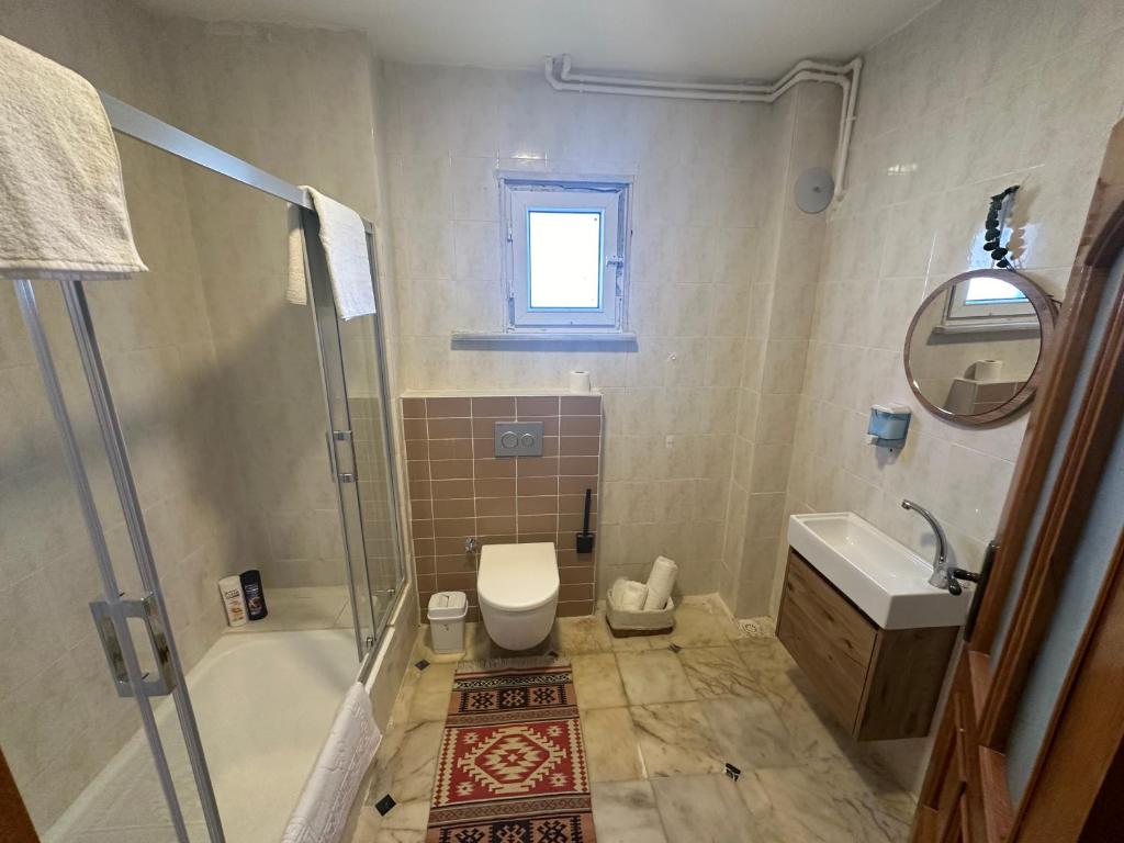 a bathroom with a shower and a toilet and a sink at Bike Hub Şile in Sile