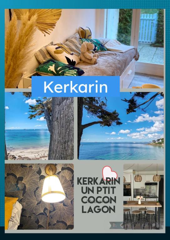 a collage of pictures of a bedroom and a beach at Arzon maisonnette proche plage Kerkarin in Arzon