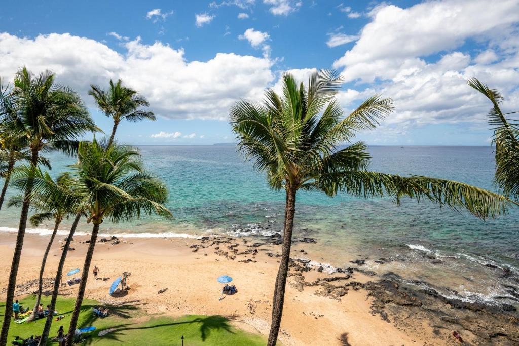 una spiaggia con palme e l'oceano di Mana Kai 501 a Wailea