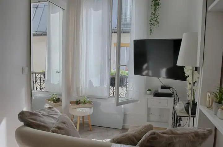 un salon avec un canapé et une télévision à écran plat dans l'établissement Bel appartement pour un séjour touristique, à Paris