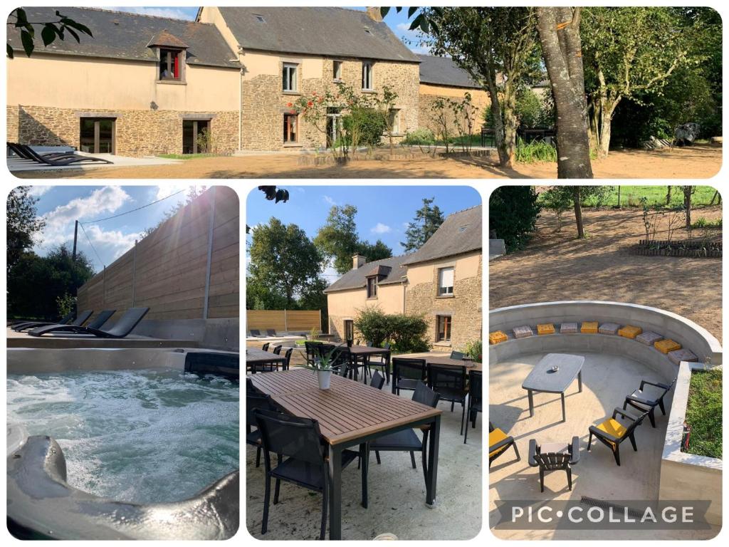 a collage of pictures of a house and a table and chairs at La Babelais, 24 couchages 36 personnes pour une soirée in Saint-Médard-sur-Ille