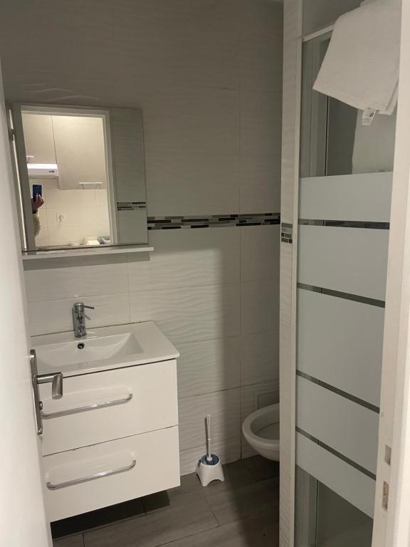 une salle de bain avec un lavabo et un miroir et des toilettes dans l'établissement studio a louer, à Épinay-sur-Seine