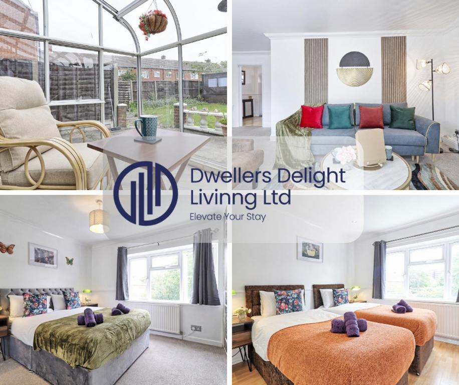 eine Collage mit vier Bildern eines Schlafzimmers in der Unterkunft Elegant 3 Bedroom House in Basildon - Essex Free Parking & Superfast Wifi, upto 6 Guests in Basildon