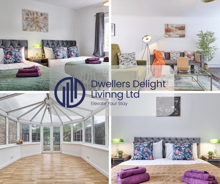 eine Collage mit vier Bildern eines Schlafzimmers in der Unterkunft Stylish 3 bedroom House In Grt Gregorie Basildon & Essex - Free Wifi, Parking, Dedicated Office & Private Garden in Basildon