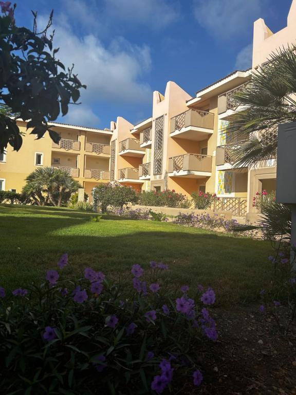 a large building with purple flowers in front of it at Tropical Issara Sal in Santa Maria