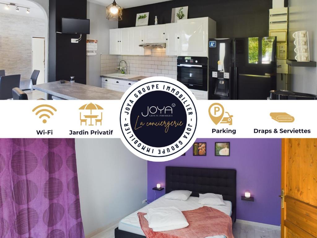 un collage de deux photos d'une cuisine et d'une chambre dans l'établissement Harmony - Maison avec Jardin Privatif, à Romilly-sur-Seine