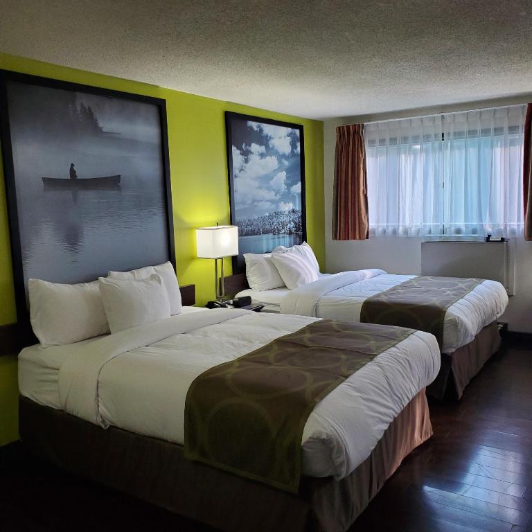 two beds in a hotel room with yellow walls at Super 8 by Wyndham Brockville in Brockville