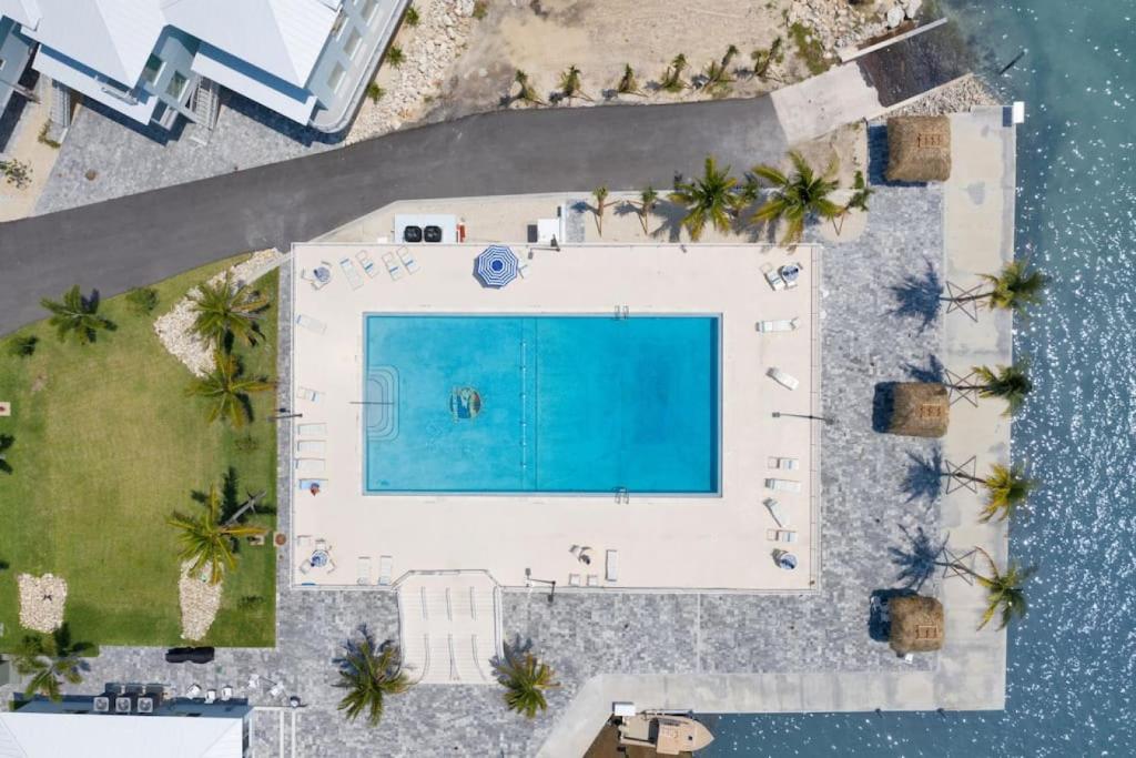 an overhead view of a swimming pool next to the ocean at Oceanside Spacious Studio Escape in Marathon