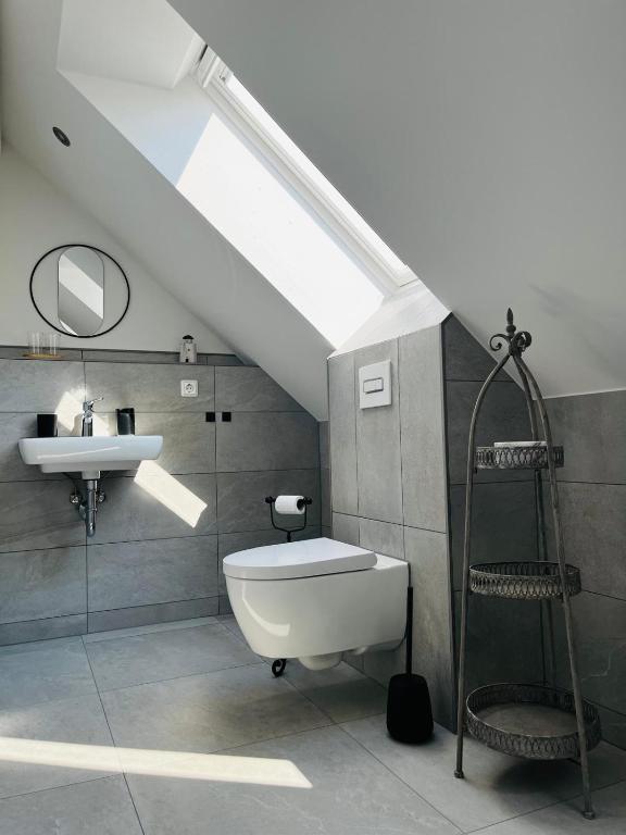 ein Badezimmer mit einem Waschbecken, einem WC und einem Dachfenster in der Unterkunft Ferienwohnung Zur Alten Tischlerei in Dissen