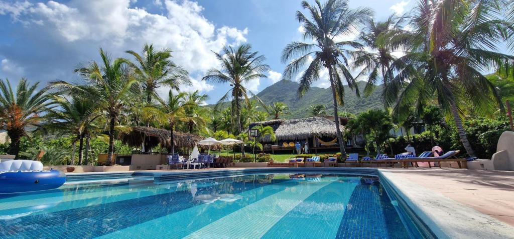 ein Pool in einem Resort mit Palmen und Bergen in der Unterkunft Ranchos de Chana, Rancho Agua E Panela in Flandes