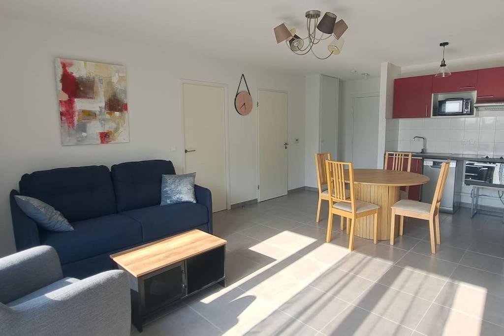 Una sala de estar con un sofá azul y una mesa. en T2 Charmant, spacieux parking privé tram et metro, en Toulouse