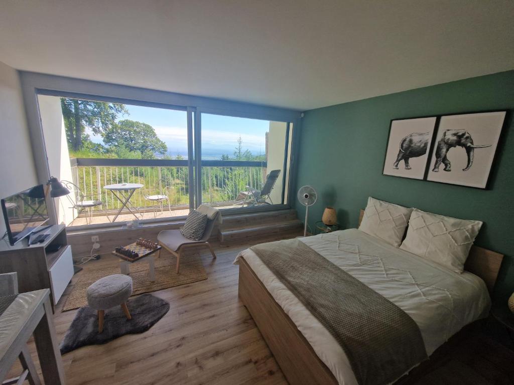 une chambre avec un lit et une grande fenêtre dans l'établissement Studio au-dessus des nuages - Parking privé, à Turckheim