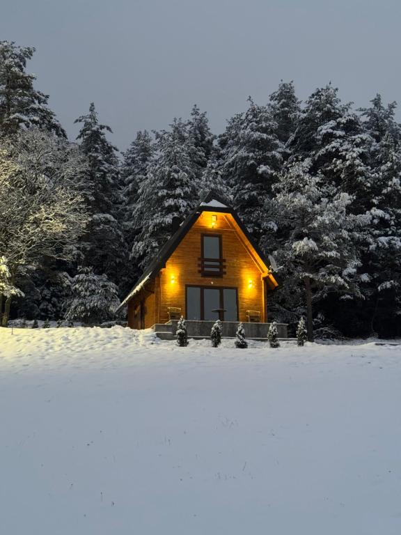 a small cabin in the snow with lights on at Planinska kuća "Soko' Romanija" in Pale