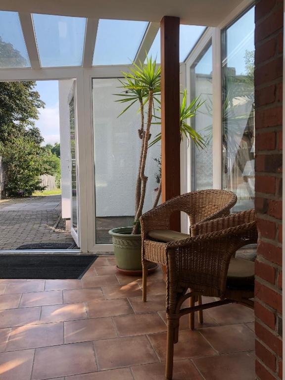a patio with two chairs and a potted plant at Kleines-Landhaus-Kopendorf in Bojendorf
