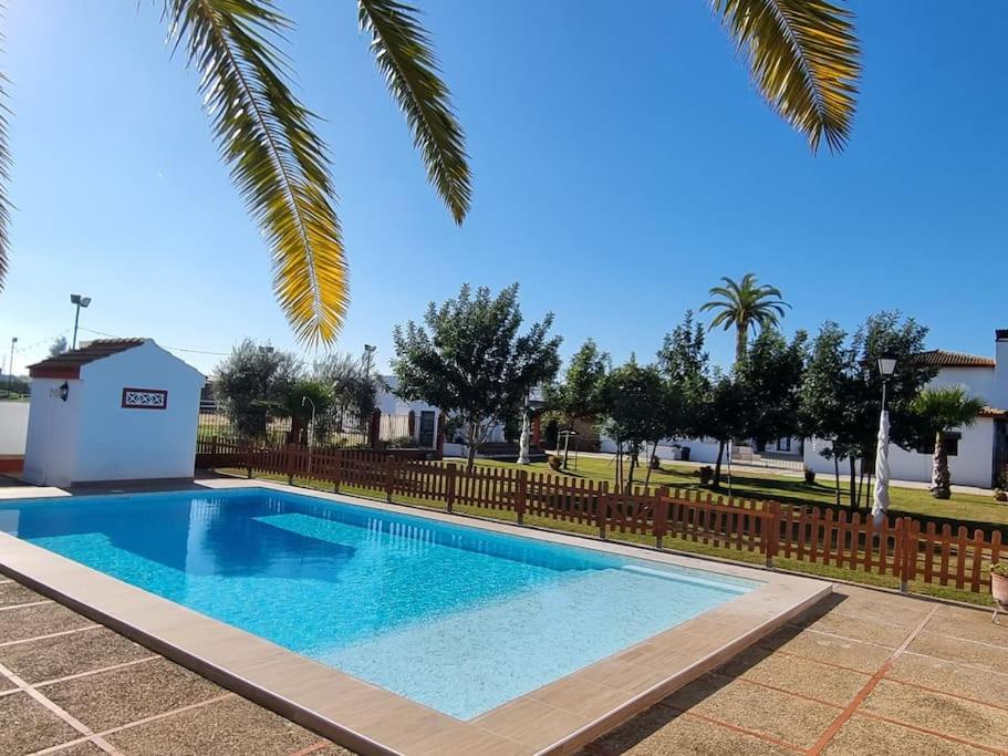 a swimming pool in a yard with a fence and trees at Finca Campo Alegre in Utrera