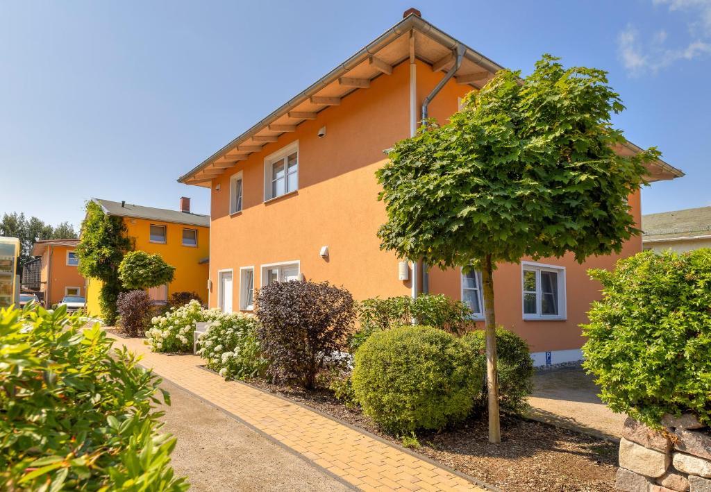 a house with a tree in front of it at Ferienhaus Meinholdstraße mit eigener Sauna, Kamin, 4 Schlafzimmern ca 500m vom Ostseestrand in Ostseebad Koserow