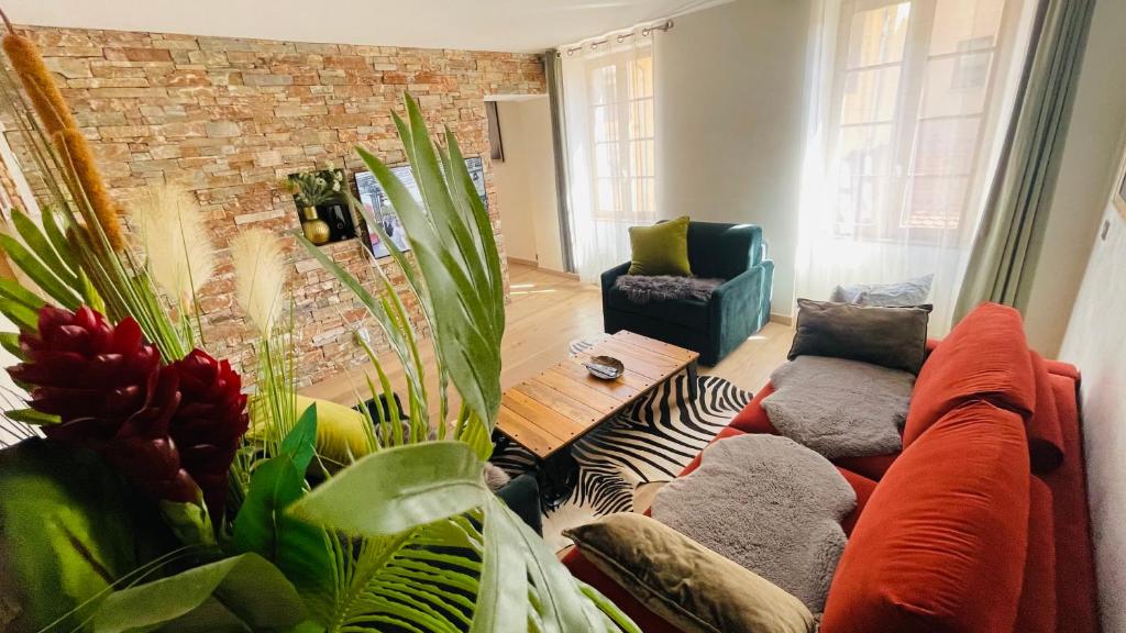 a living room with a couch and some plants at Passage des bains in Annecy