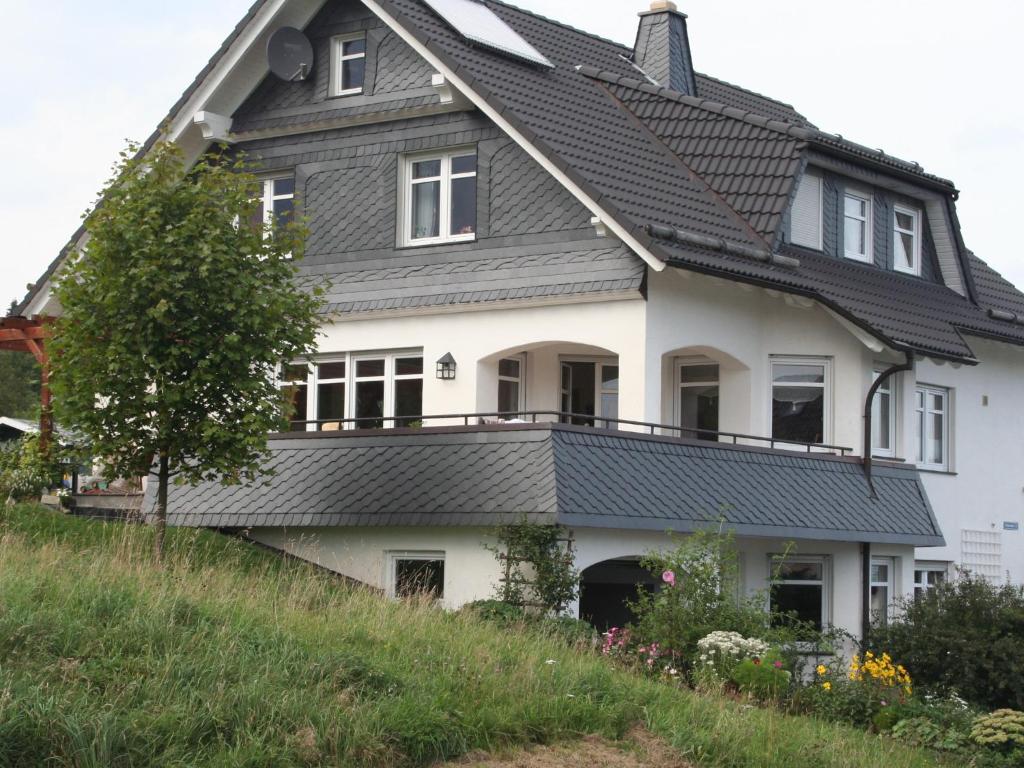 a house with a black roof at Ferienwohnung Hartmann in Winterberg