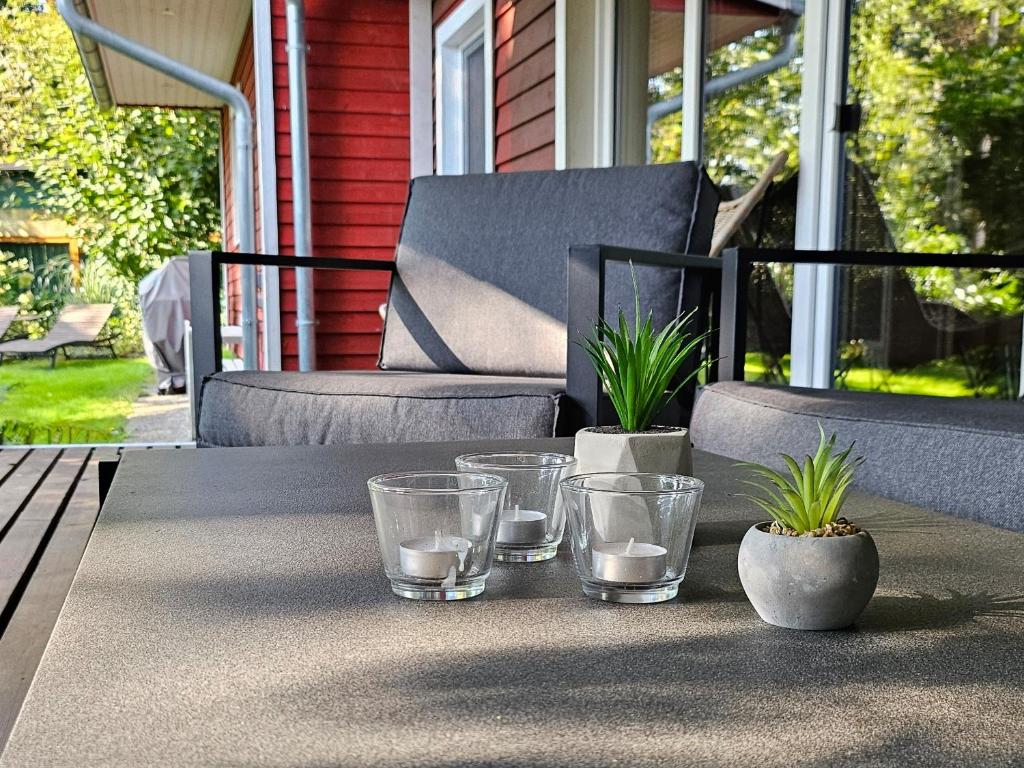 un tavolo con tre bicchieri e piante in vaso su un portico di Waldhaus Dötlingen Ferienhaus im Naturpark a Dötlingen