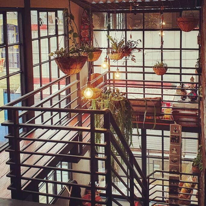 a staircase in a building with potted plants on it at Apartamento Industrial tipo Loft in Circasia