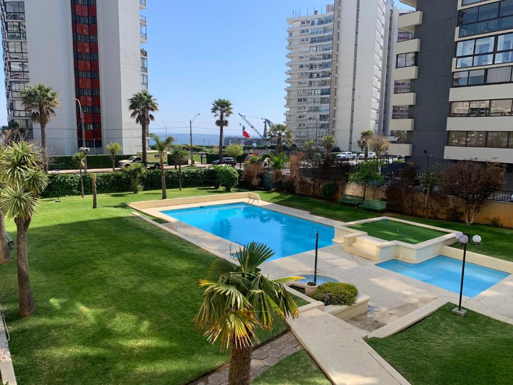 a swimming pool in a park with palm trees and buildings at Relajante y Confortable Departamento Frente al Mar in Viña del Mar