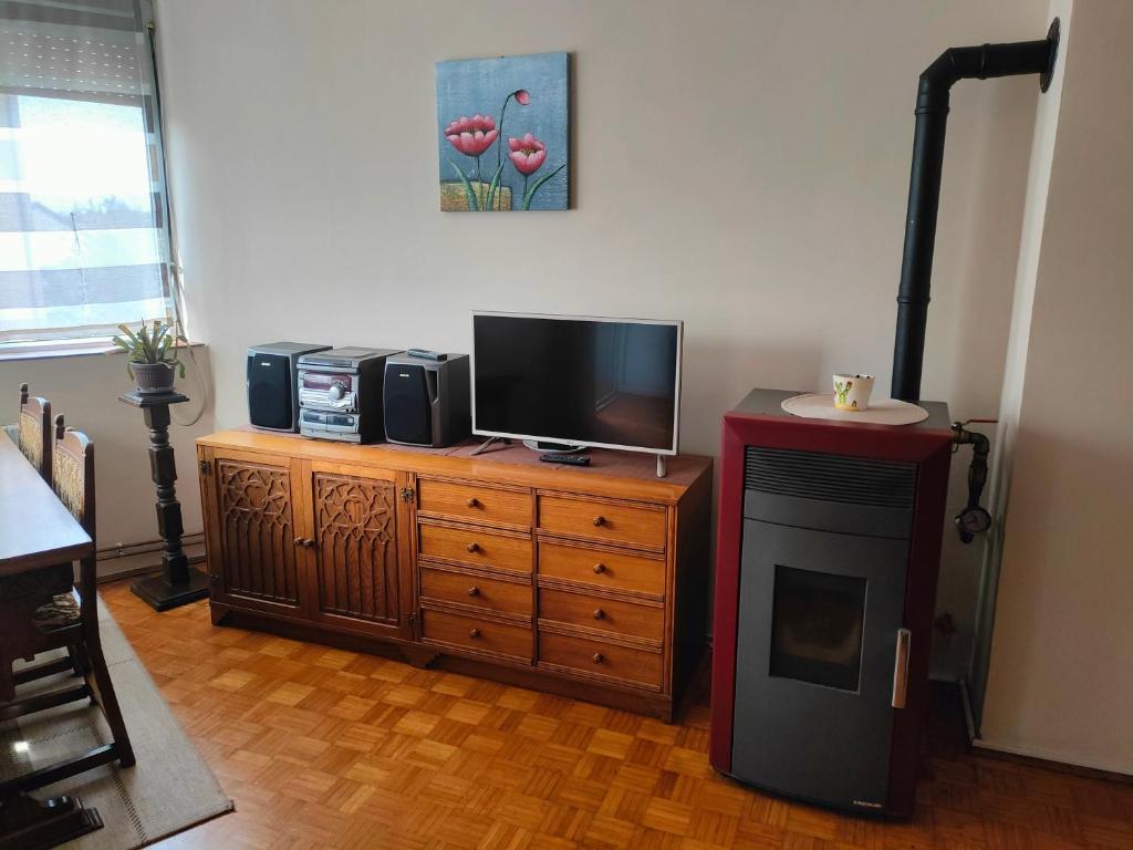 - un salon avec une télévision sur une commode en bois dans l'établissement Apartman NANA, à Ćuprija