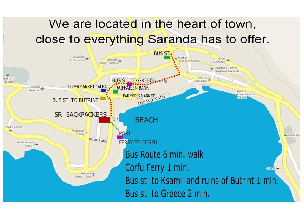 una mappa di Santa Cruz con il calore della città di Saranda Backpackers a Sarandë