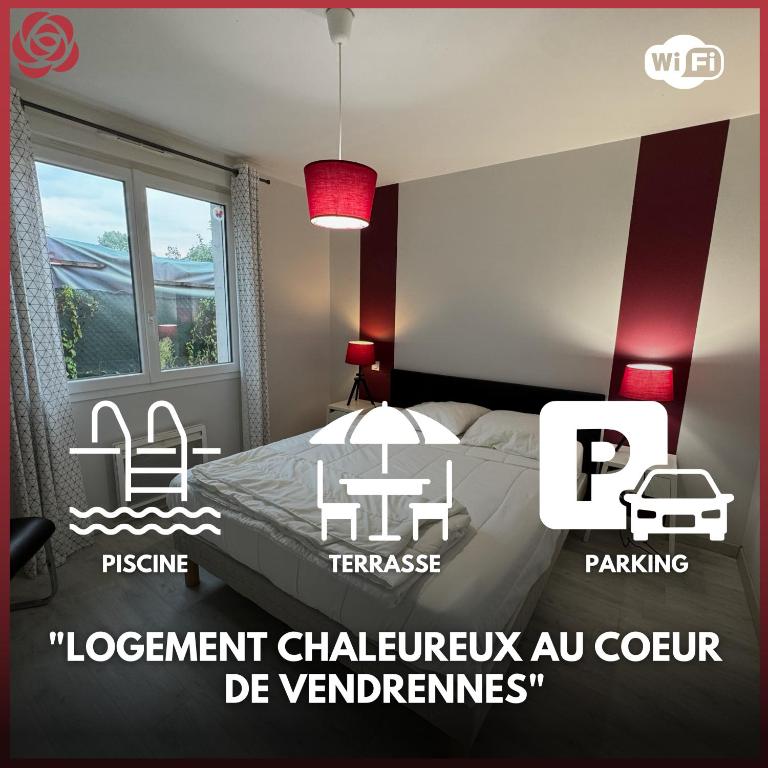 une chambre avec un lit et un panneau rouge et blanc dans l'établissement Domaine des 5 Roses - Rose Rouge, à La Guierche