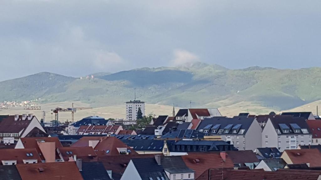 une ville avec des maisons et des montagnes en arrière-plan dans l'établissement Colmar TOP, à Colmar