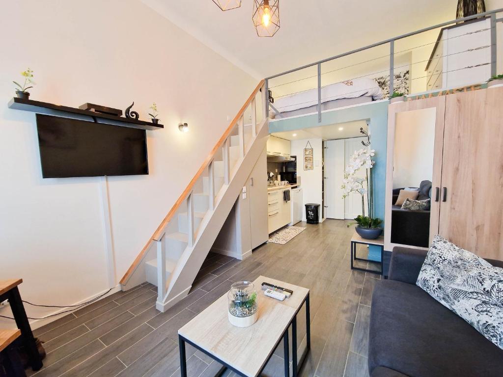 Hotel le cosy de carole, a living room with a couch a table and a tv at le cosy de carole in Cannes