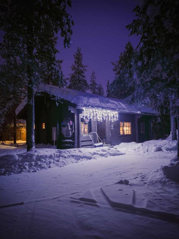 a house covered in christmas lights in the snow at night at Hillatupa in Kolari