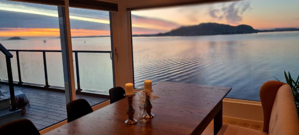 a cat sitting on a table looking out at the water at Villa with a view in Ålesund