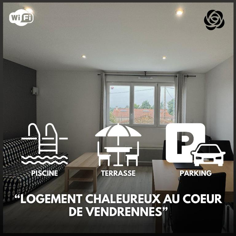 une chambre avec un canapé, une table et une fenêtre dans l'établissement Domaine des 5 Roses - Rose Sombre, à La Guierche