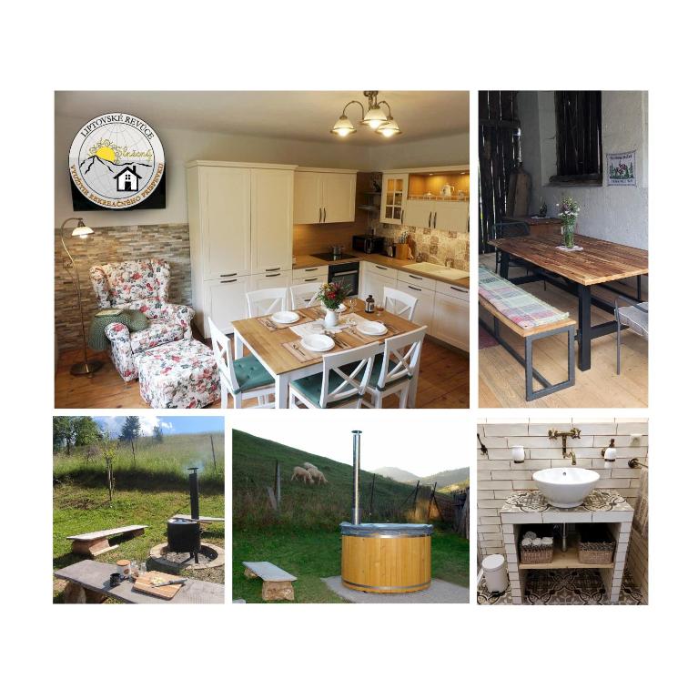 a collage of four pictures of a kitchen and a house at Slnečný dom in Liptovské Revúce