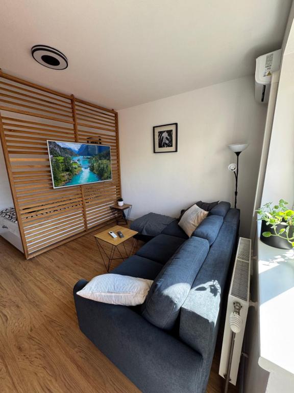 ブラチスラヴァにあるGarden-view Apartment near City Centerのリビングルーム(青いソファ付)