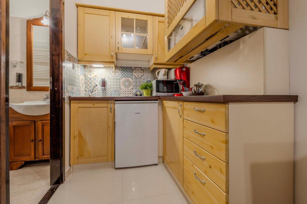 a kitchen with wooden cabinets and a white dishwasher at Mirage Apartments Váci Street in Budapest