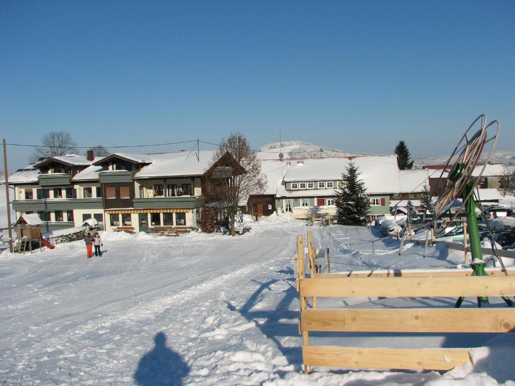 a person standing in the snow in front of a lodge at Ferienhotel Starennest in Schindelberg